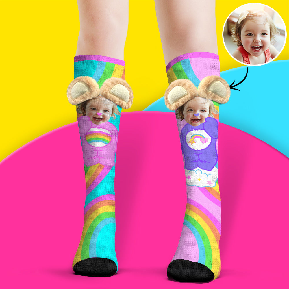 Custom Socks Knee High Face Socks 3D Plush Bear Ears Socks - MyPhotoBoxerUk