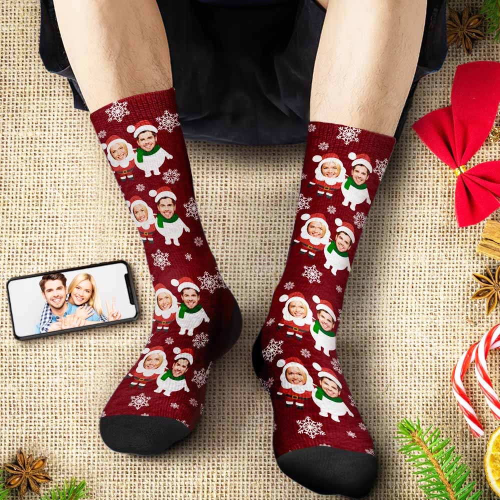 Custom Face Socks Personalized Christmas Shorts With Photo Santa and Snowman - MyPhotoBoxerUk