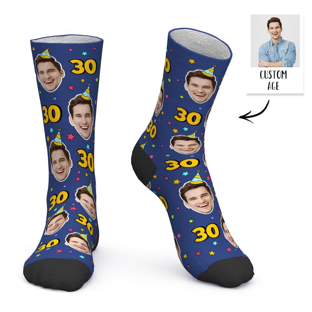 Custom Face and Age Socks Personalized Smokey Blue Birthday Socks Birthday gift - MyPhotoBoxerUk