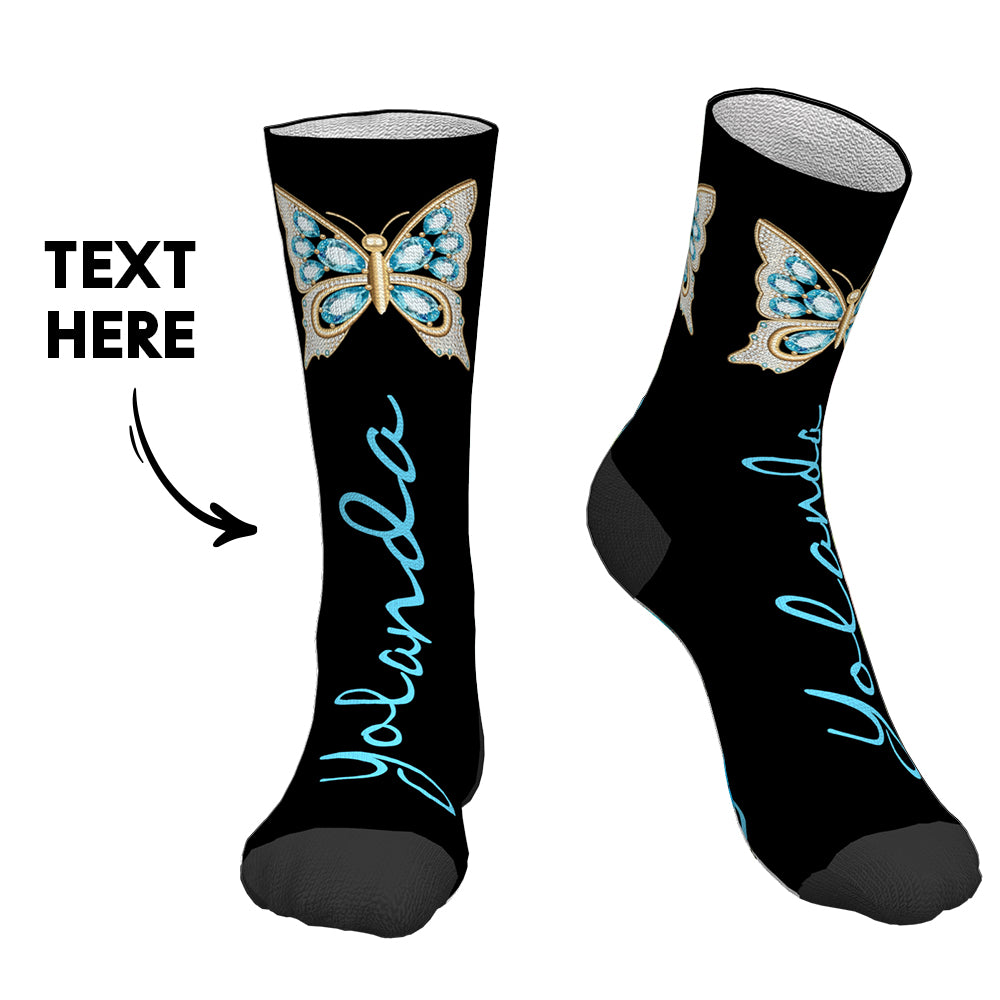 Custom Socks with Text Personalized Name Socks Gift - Butterfly - MyPhotoBoxerUk
