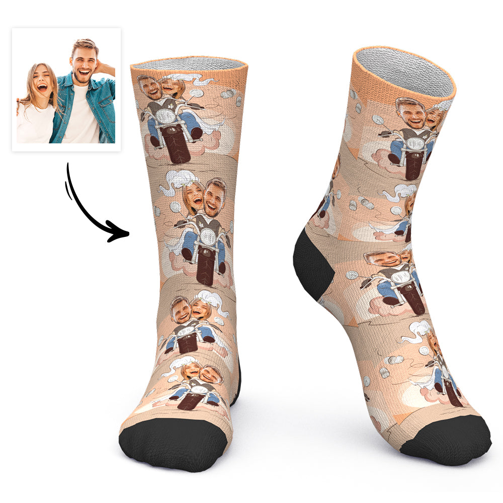 Custom Face Socks Personalized Photo Socks Wedding on a Motorcycle - MyPhotoBoxerUk