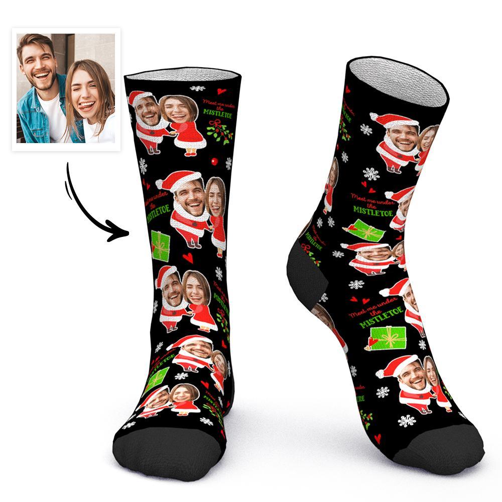 Custom Face Socks Personalized Photo Socks Christmas Gift Santa Socks - Meet Me Under the Mistletoe - MyPhotoBoxerUk