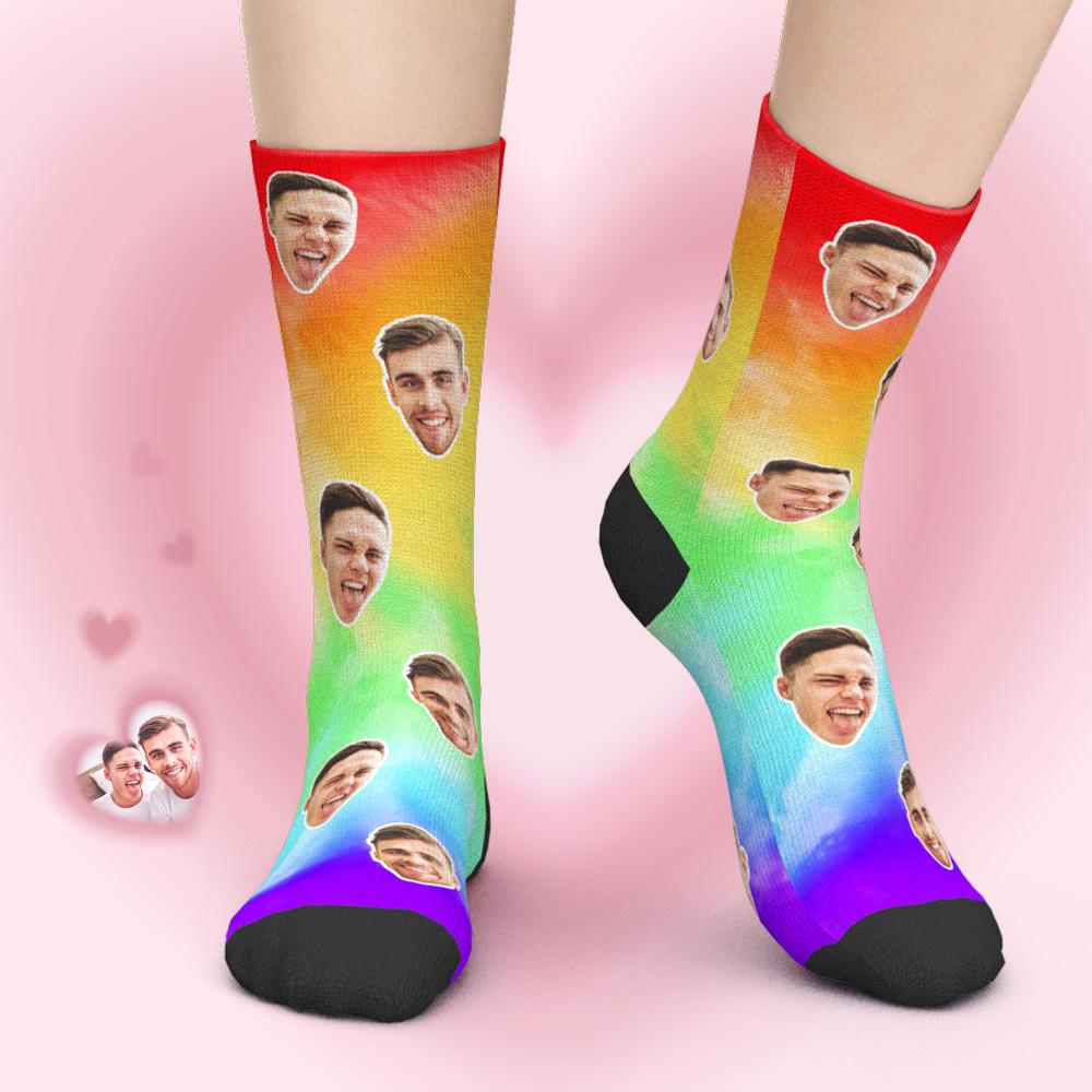 LGBT Gifts, Custom Face Socks Add Pictures - LGBT Rainbow Colorful - MyPhotoBoxerUk