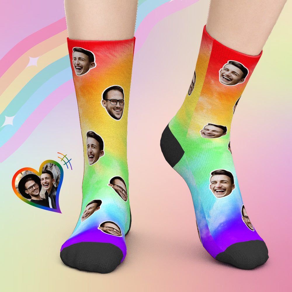 LGBT Gifts, Custom Face Socks Add Pictures - LGBT Rainbow Colorful - MyPhotoBoxerUk