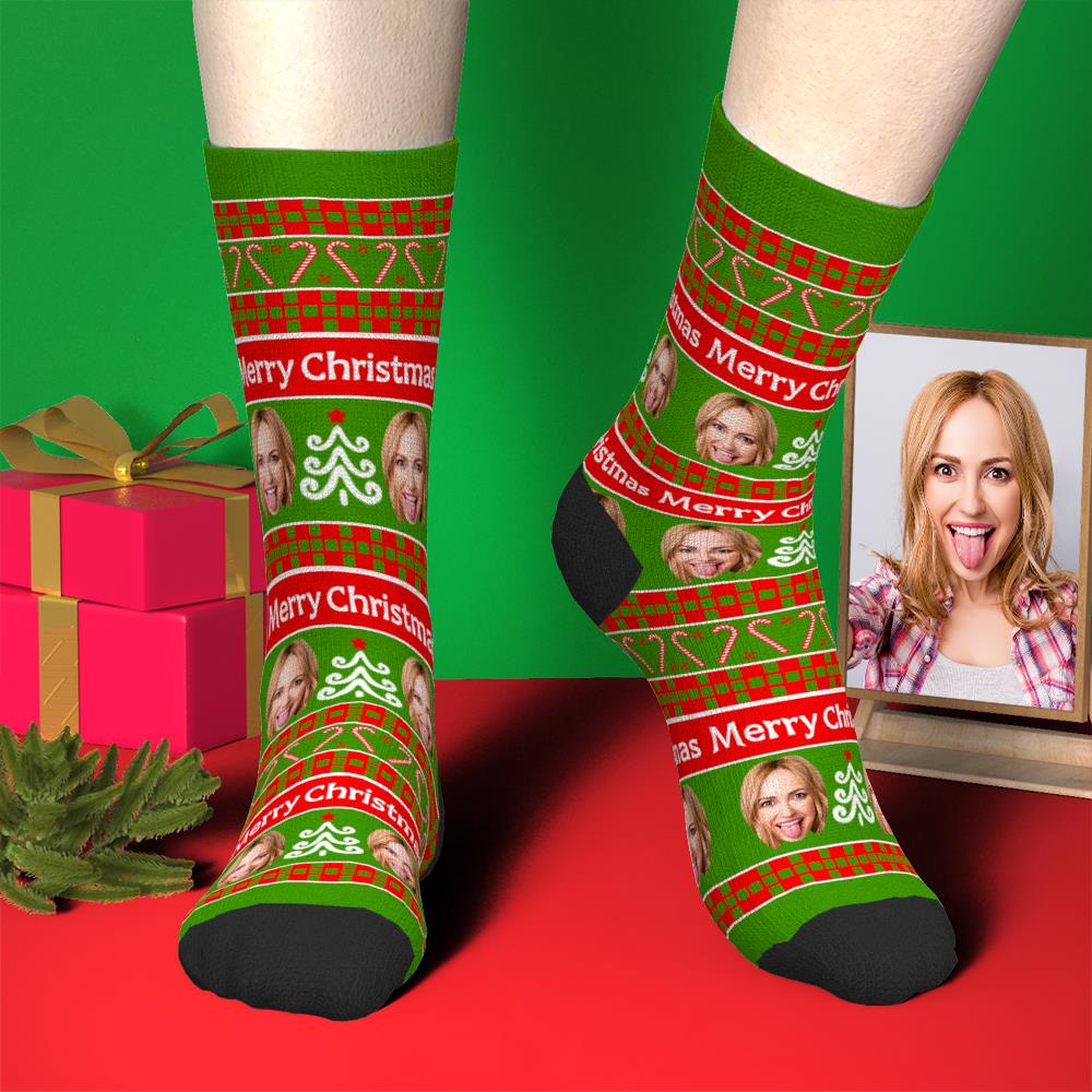 Custom Face Socks Personalized Green Photo Socks Santa Socks Christmas Gift for Famliy - MyPhotoBoxerUk