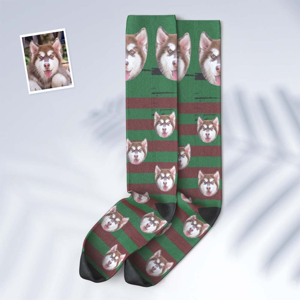 Custom Face Knee High Socks Personalised Pet's Photo Socks Christmas Gifts - Green