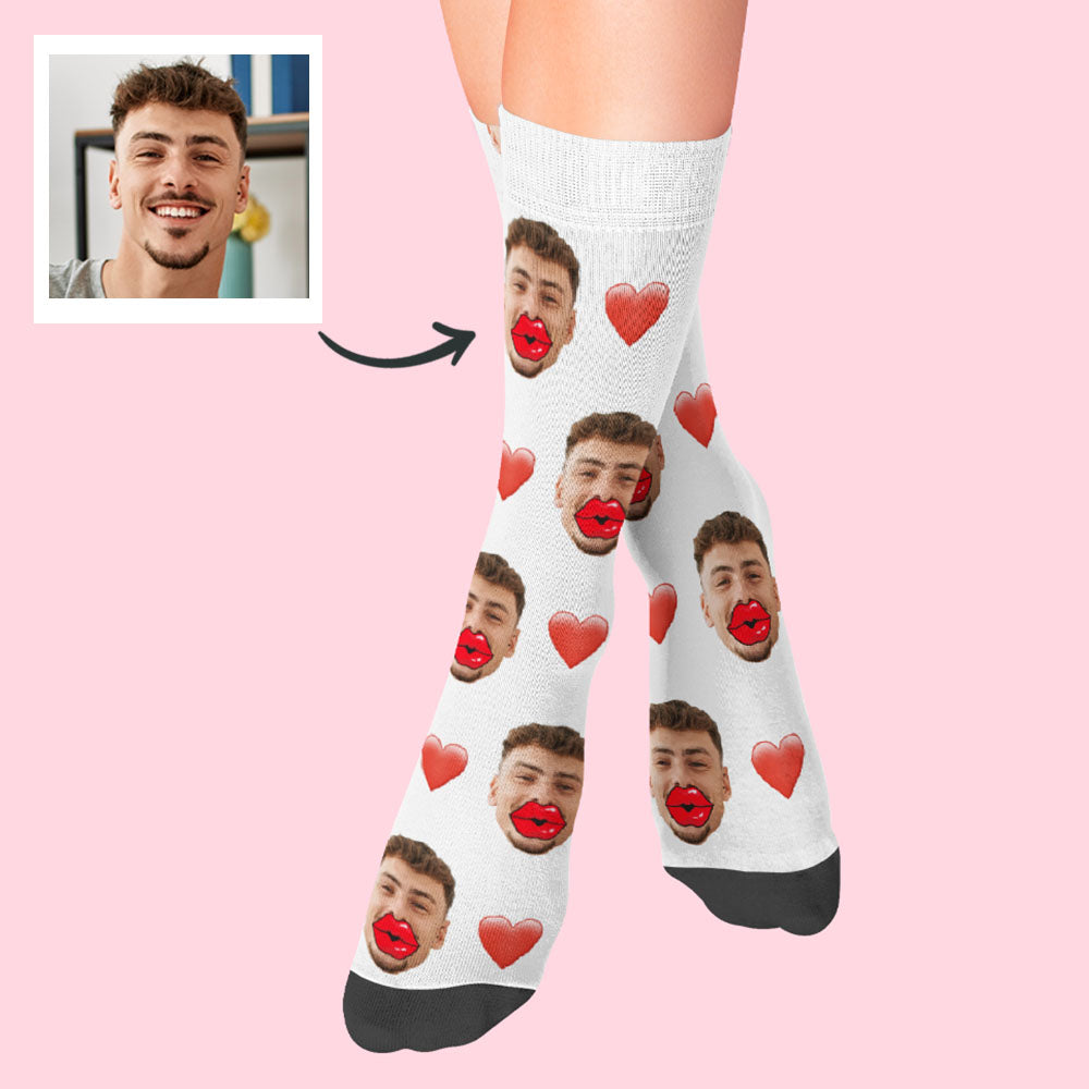 Custom Face Socks Heart and Red Lips Socks Valentine's Day Gift - MyPhotoBoxerUk