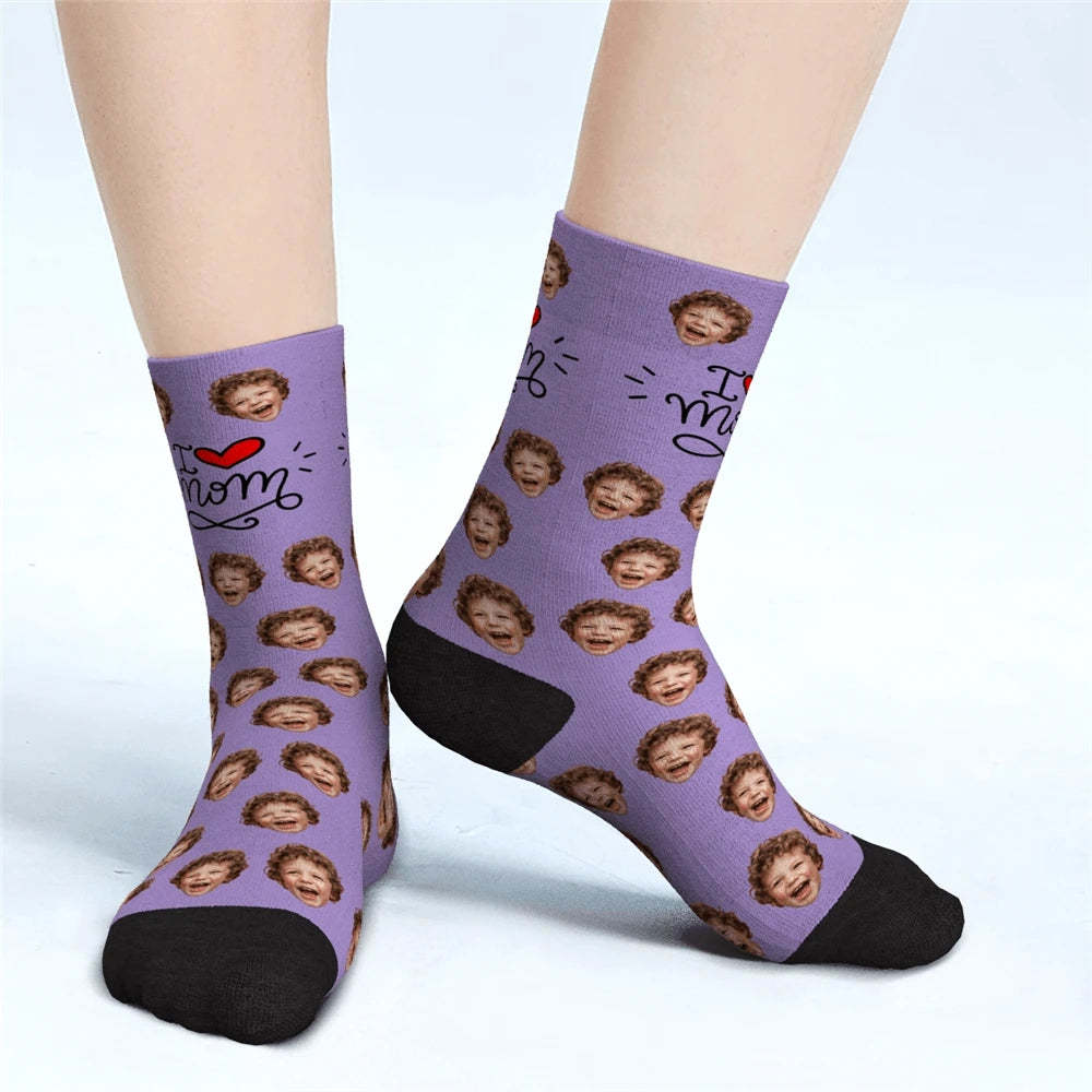 I Love Mom Custom Face Socks Mother's Day Gifts - MyPhotoBoxerUk