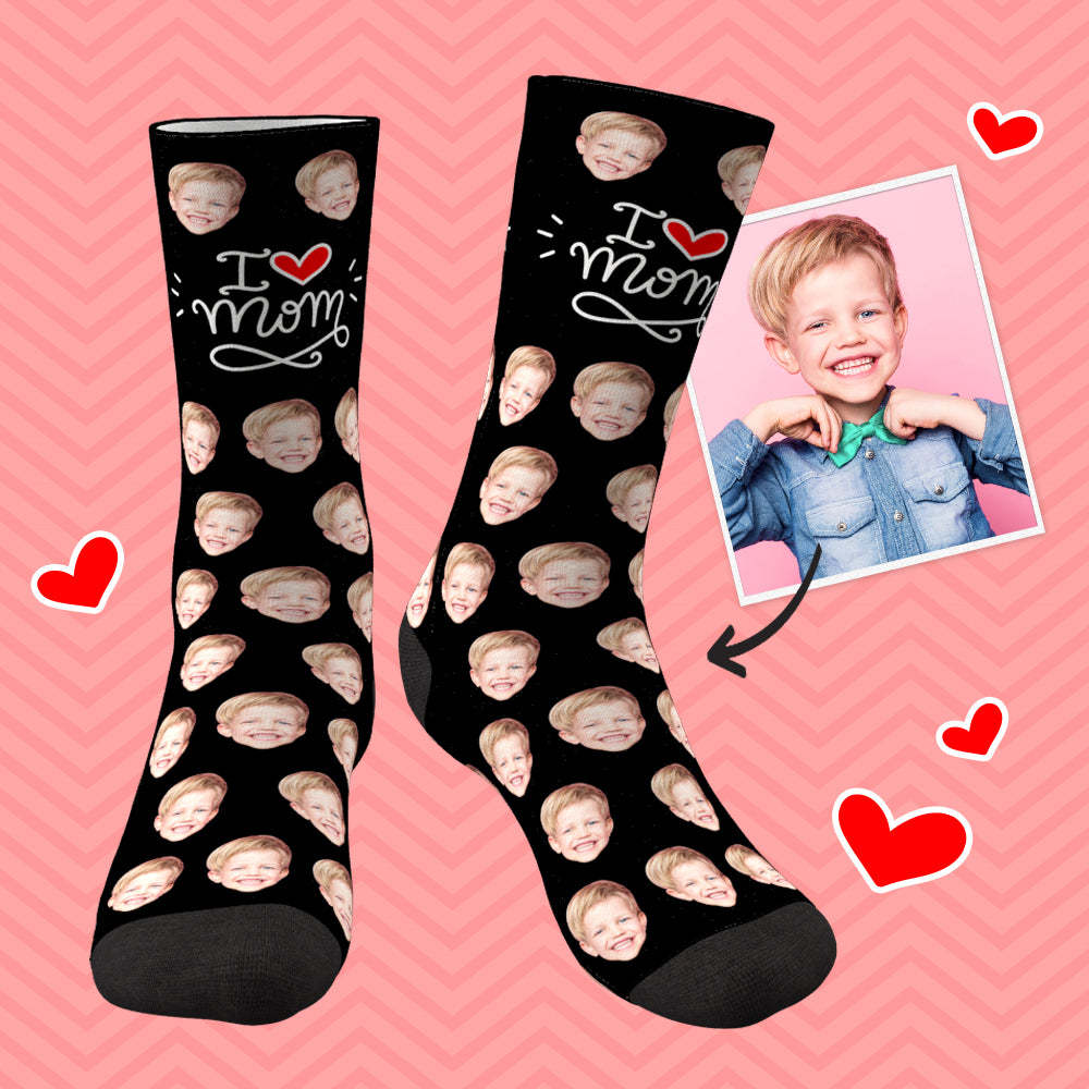 I Love Mom Custom Face Socks Mother's Day Gifts - MyPhotoBoxerUk