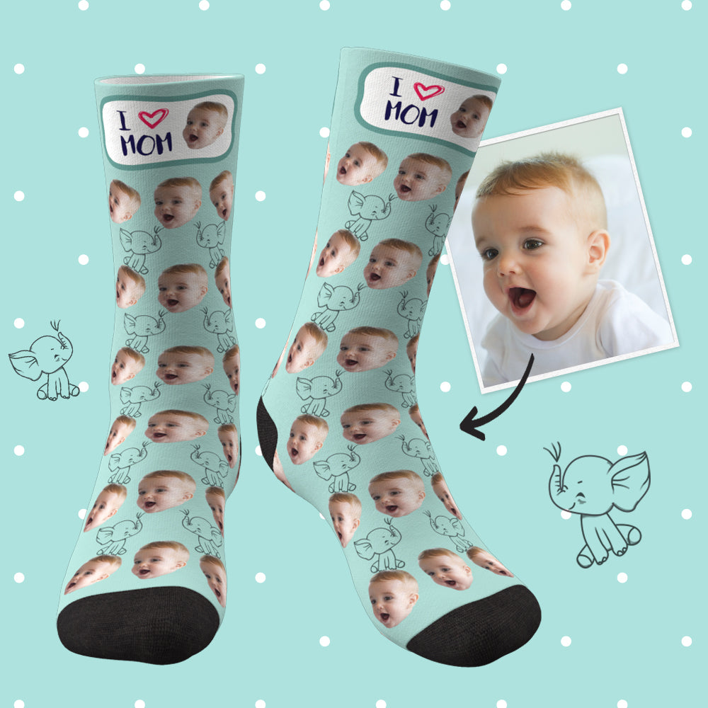 Custom Face Socks Elephant I Love Mom Best Gifts For Mom - MyPhotoBoxerUk