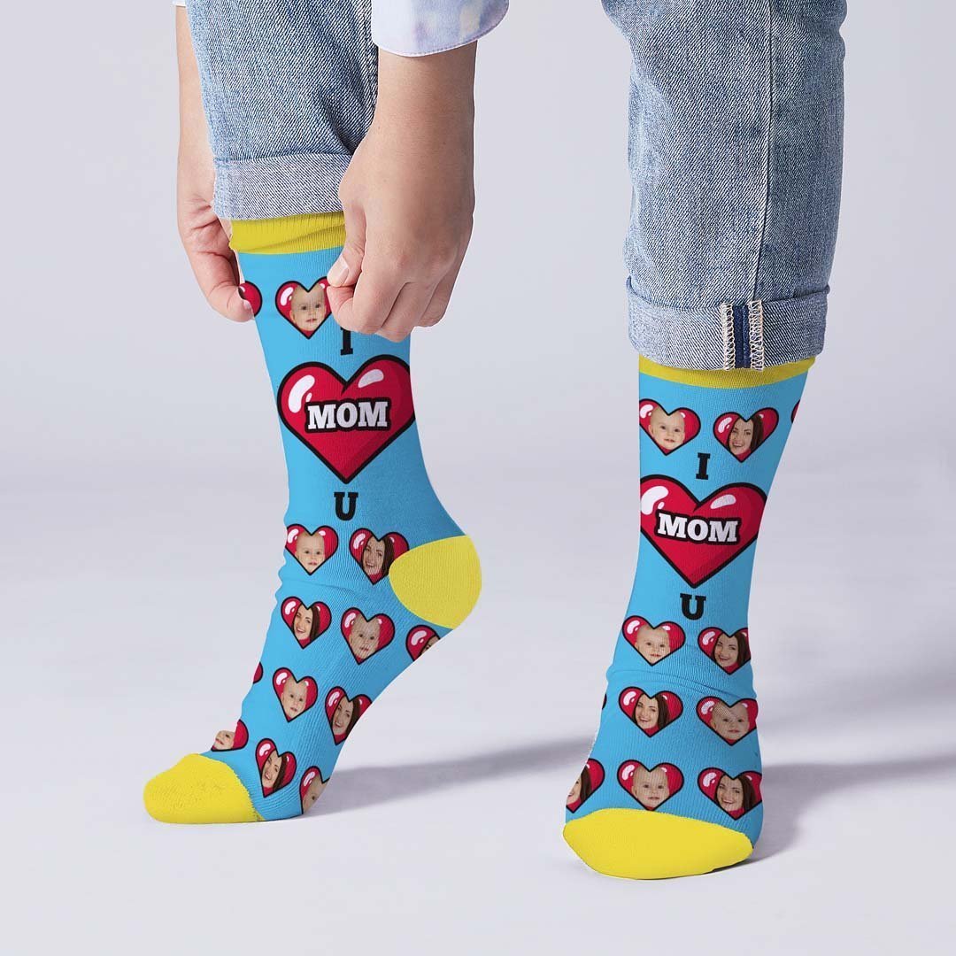Mother's Day Gift - I Love Mom Custom Face Socks Gift