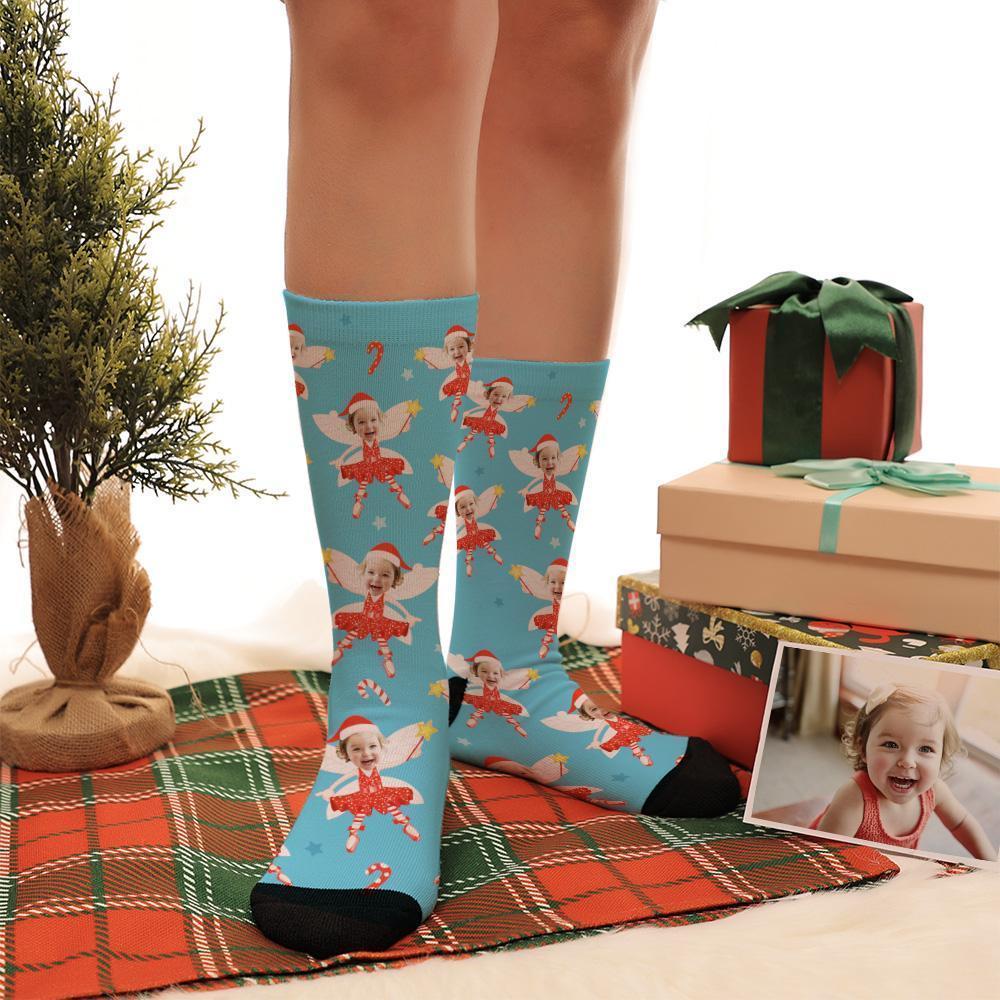 Personalized Photo Blue Elf Socks With Stars - MyPhotoBoxerUk