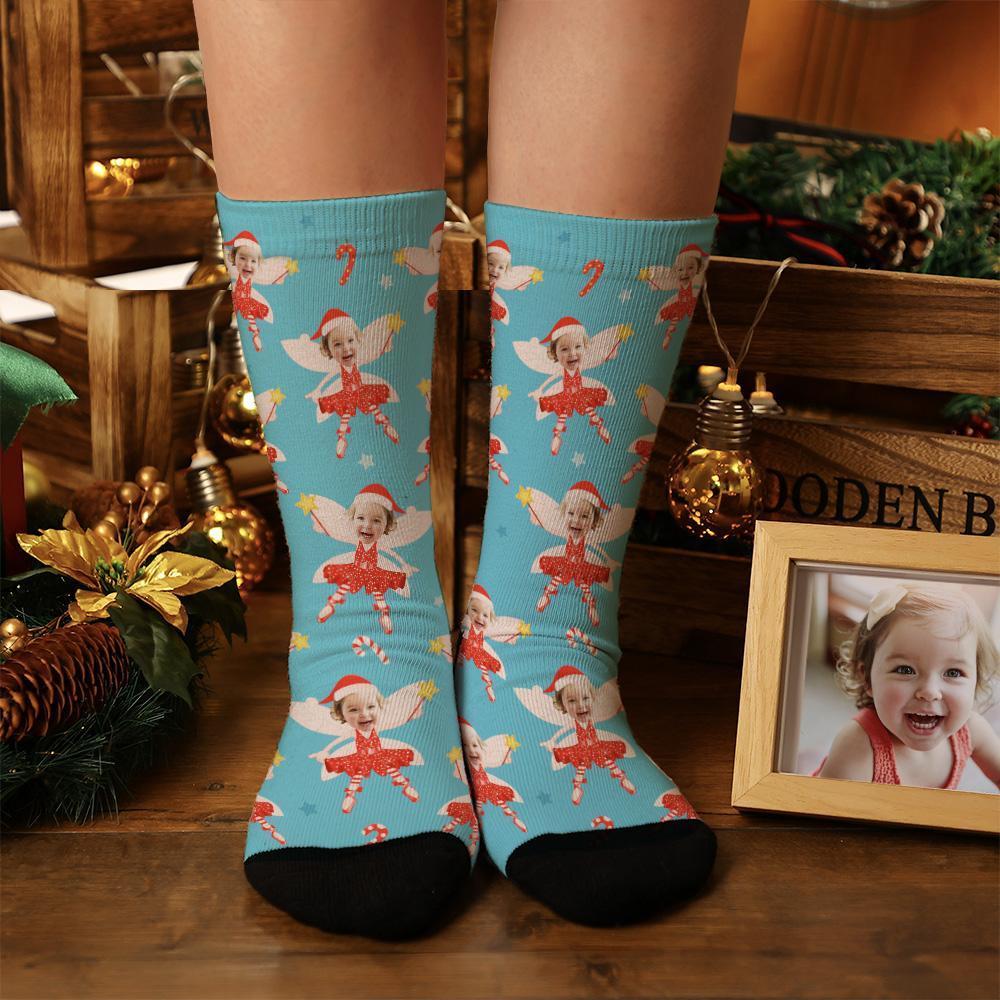 Personalized Photo Blue Elf Socks With Stars - MyPhotoBoxerUk
