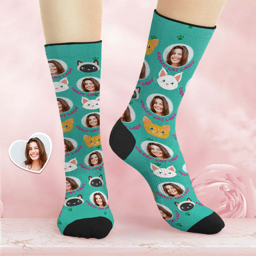 Custom Breathable Face Socks Personalised Soft Socks Mother's Day Gifts Crazy Cat Lady - MyPhotoBoxerUk