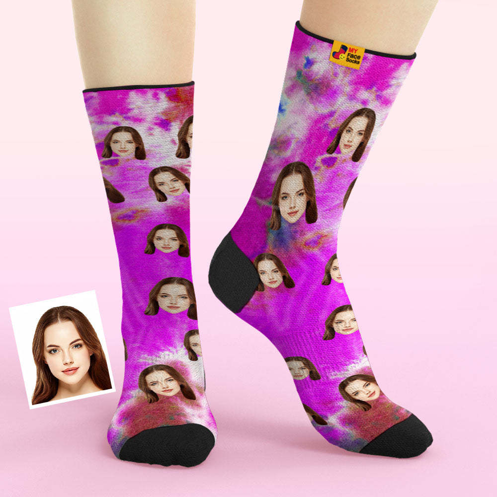 Custom Tie Dye Style Breathable Face Socks Personalized Soft Socks Gifts Violet - MyPhotoBoxerUk