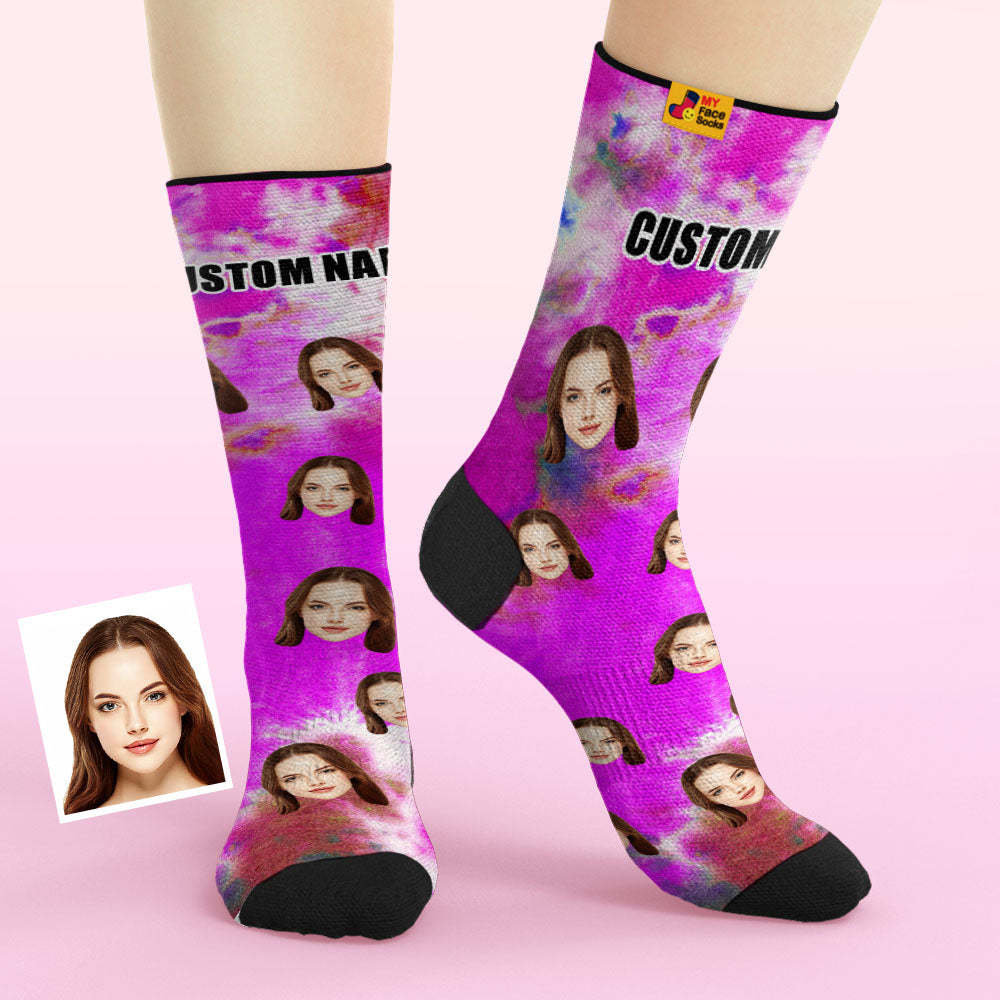 Custom Tie Dye Style Breathable Face Socks Personalized Soft Socks Gifts Violet - MyPhotoBoxerUk
