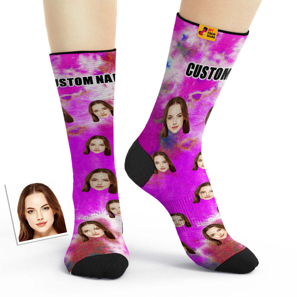 Custom Tie Dye Style Breathable Face Socks Personalized Soft Socks Gifts Violet - MyPhotoBoxerUk