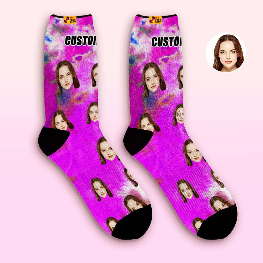 Custom Tie Dye Style Breathable Face Socks Personalized Soft Socks Gifts Violet - MyPhotoBoxerUk