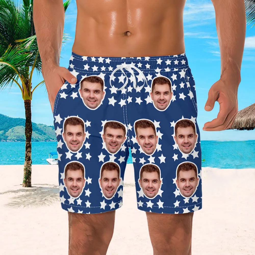 Custom Face Photo Men's Swim Trunk Summer Blue with Star