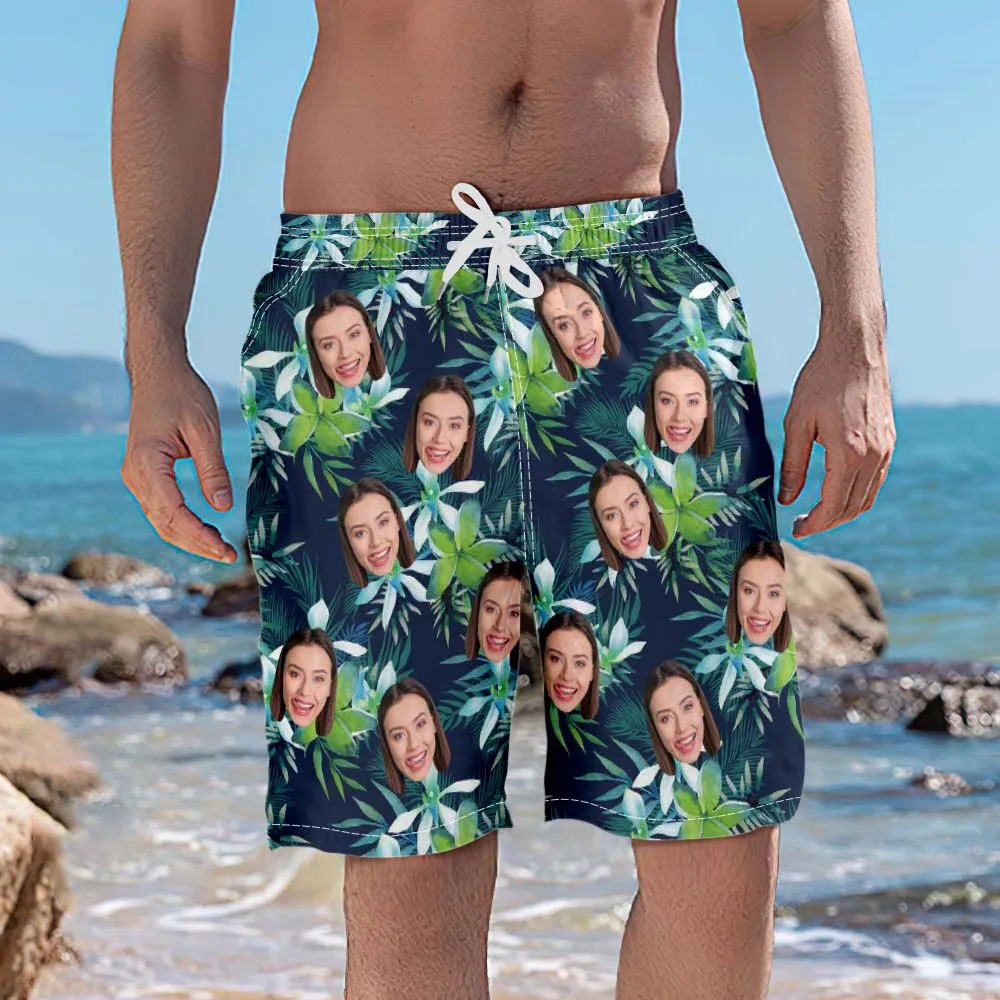 Men's Custom Face Beach Trunks Photo Shorts - Coconut tree