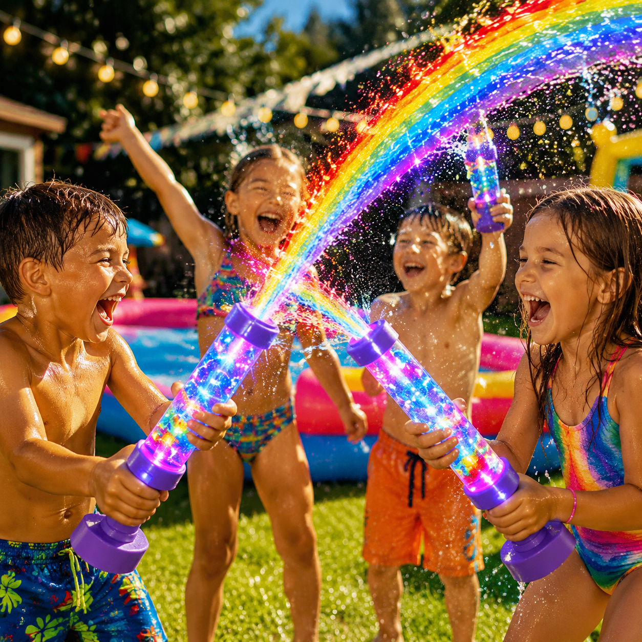Rainbow Water Spray Blaster🌈 Fun Outdoor Stress Relief & Social Play Water Blaster Turn Every Backyard Into a Rainbow Light Show