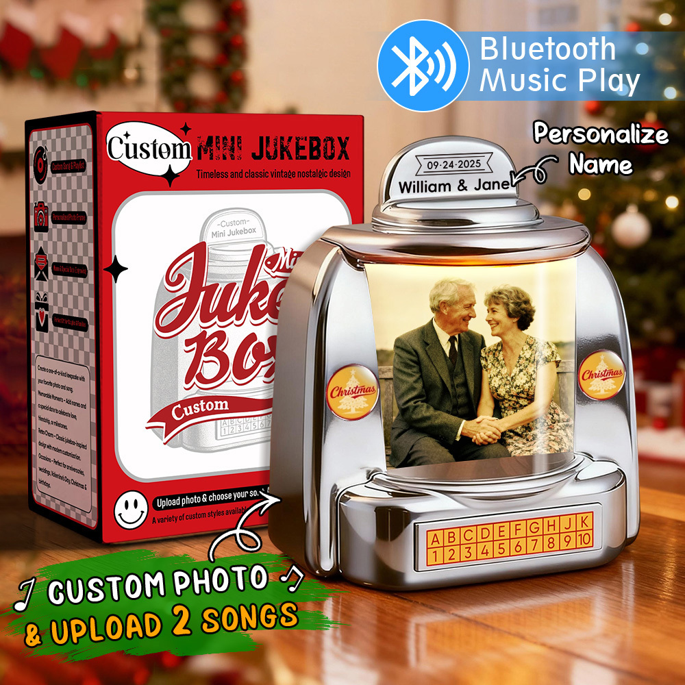 Custom Mini Jukebox Retro Speaker – Personalized Photo,Names & Date Music Mini Player with Radio | Vintage Tabletop Home Decor Nostalgic Christmas Retro Gifts