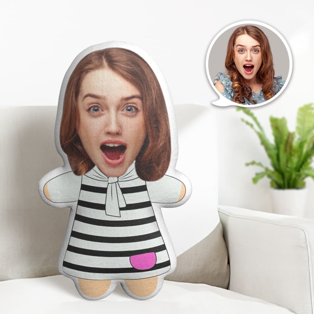 Cute Minime Throw Pillow Custom Face Pillow Personalized White and Black Stripe Dress Minime Pillow - Get Photo Blanket