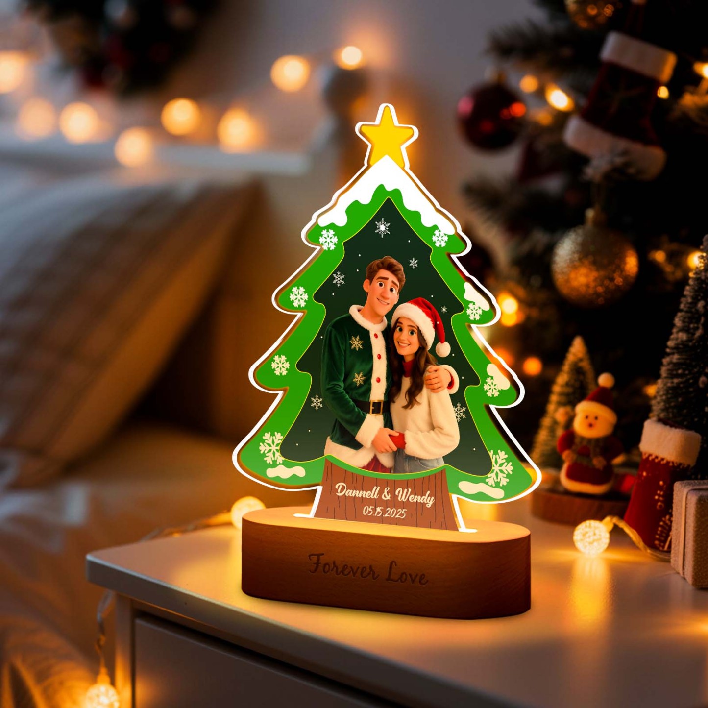 Personalized Christmas Tree Night Light, Custom Photo Engraved Cartoon Style Gift, Best Christmas Gift for Couple, Family