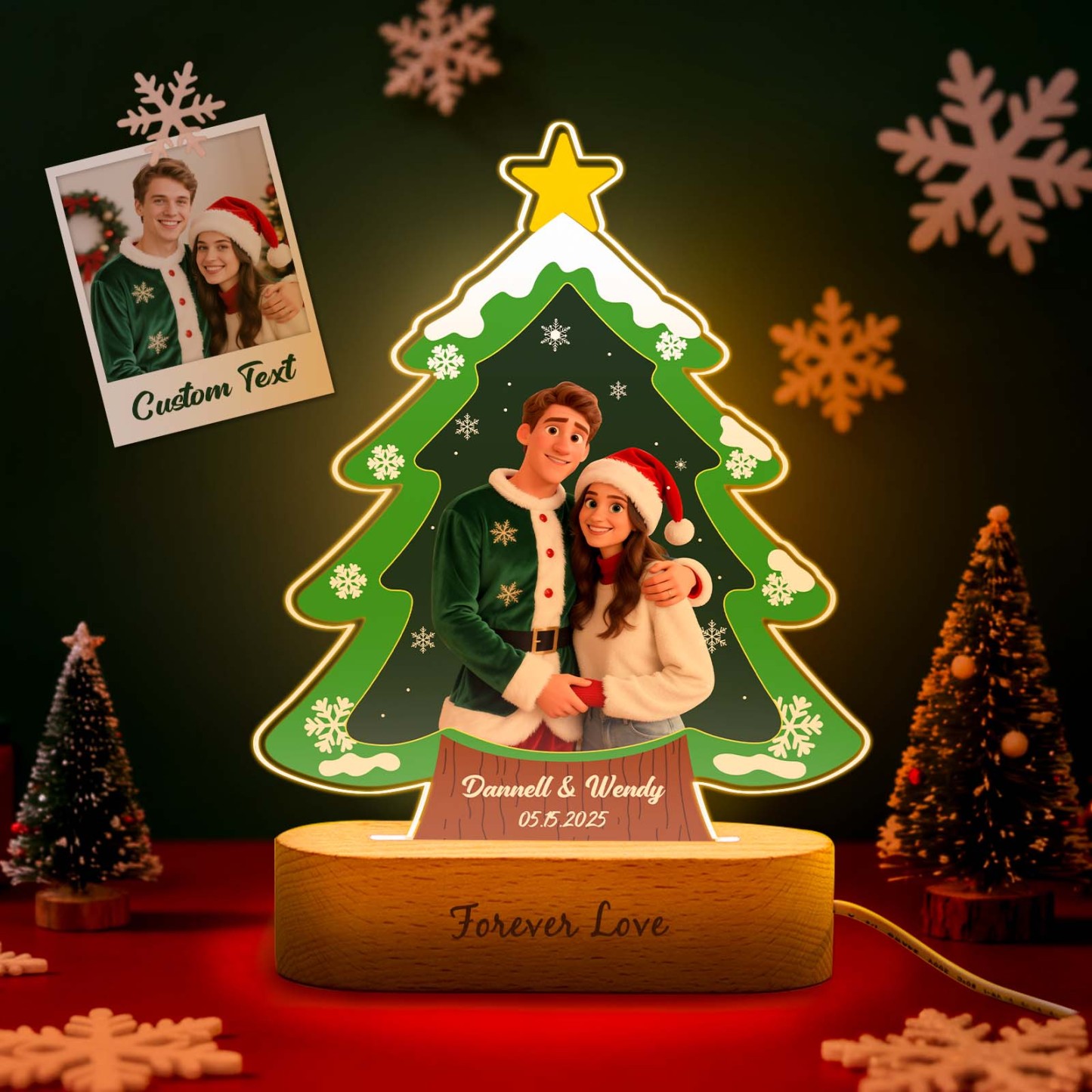 Personalized Christmas Tree Night Light, Custom Photo Engraved Cartoon Style Gift, Best Christmas Gift for Couple, Family