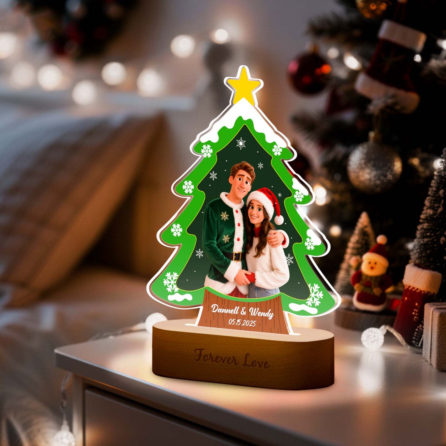 Personalized Christmas Tree Night Light, Custom Photo Engraved Cartoon Style Gift, Best Christmas Gift for Couple, Family