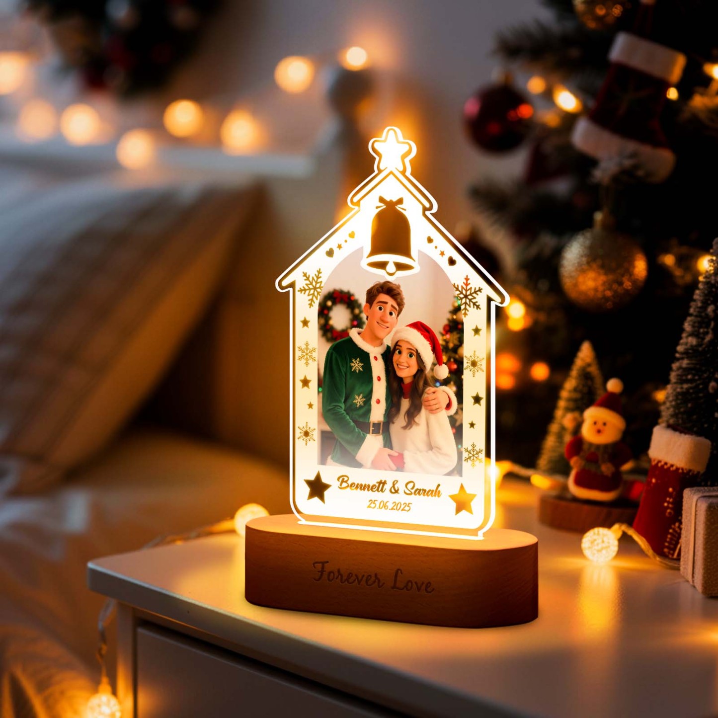 Personalized Christmas Tree Night Light, Custom Photo Engraved Cartoon Style Gift, Best Christmas Gift for Couple, Family