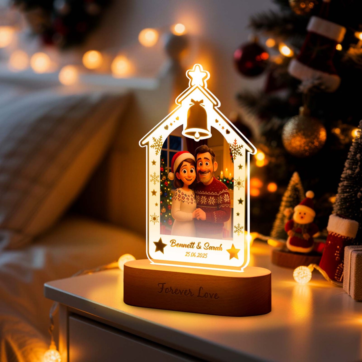 Personalized Christmas Tree Night Light, Custom Photo Engraved Cartoon Style Gift, Best Christmas Gift for Couple, Family