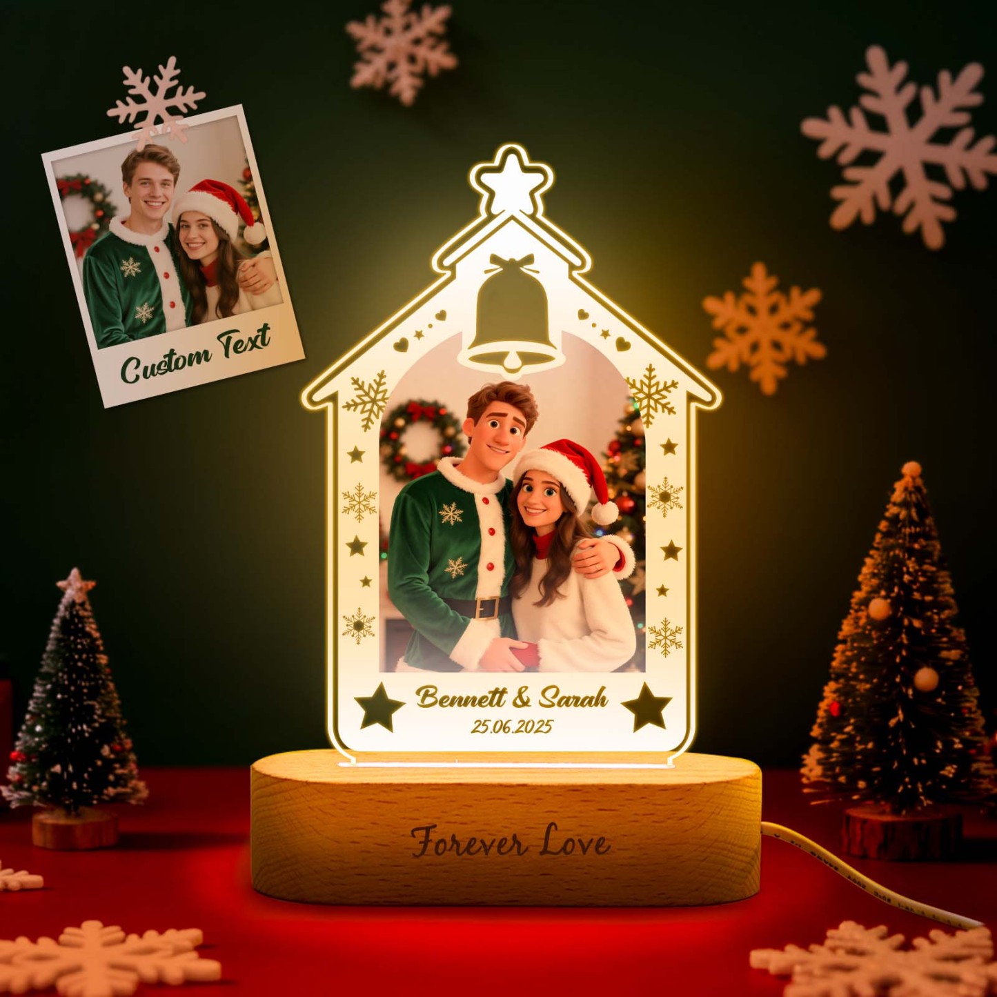 Personalized Christmas Tree Night Light, Custom Photo Engraved Cartoon Style Gift, Best Christmas Gift for Couple, Family