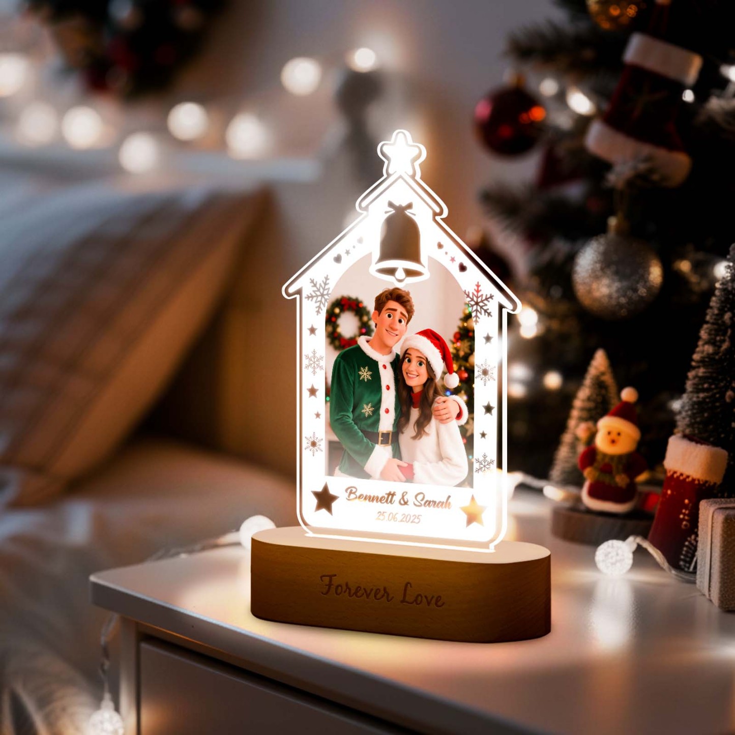 Personalized Christmas Tree Night Light, Custom Photo Engraved Cartoon Style Gift, Best Christmas Gift for Couple, Family