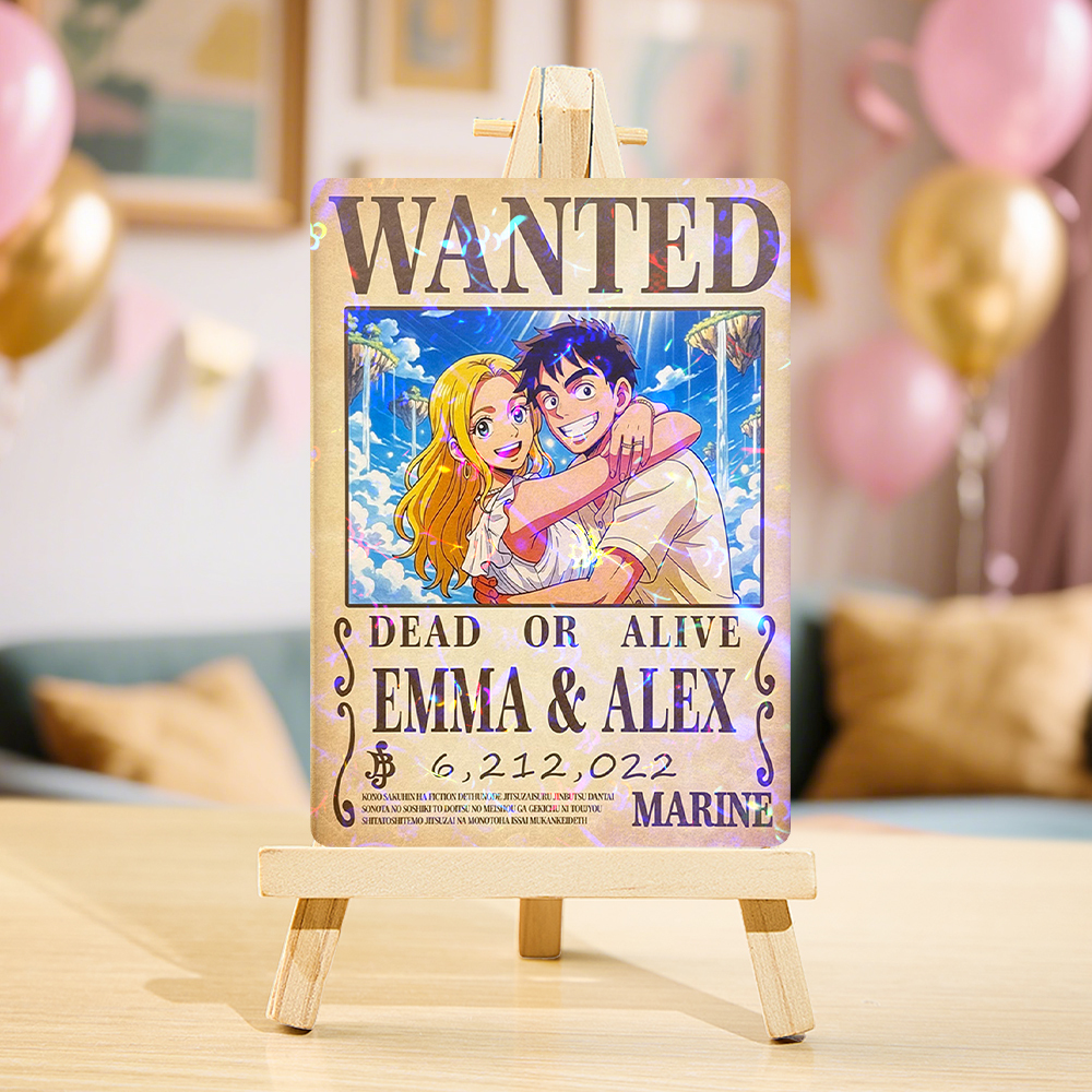 Custom Anime Bounty Couple Portrait Game Card, Personalized WANTED Bounty Card with Holographic Foil, Unique Gift for Couples & Friends