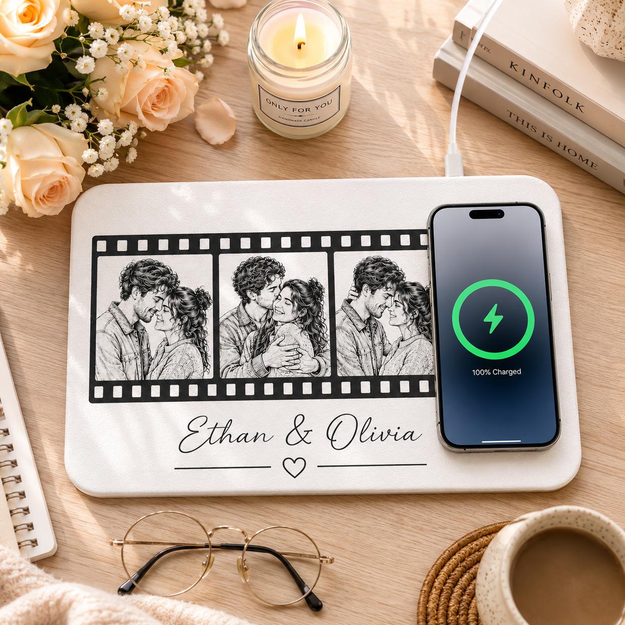 Personalized Film Strip Wireless Charging Pad with Photo, Custom Couple Photo Charger, Anniversary Gift for Couples, Romantic Personalized Wireless Charger - MyPhotoBoxerUk