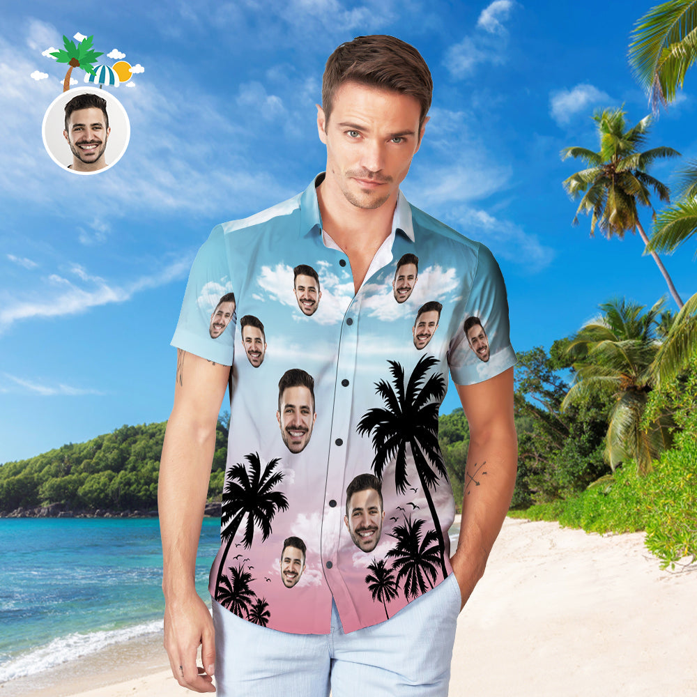 Custom Face Hawaiian Shirt Personalised Men's Photo Coconut Tree View Shirt Vacation Party Gift - MyPhotoBoxerUk