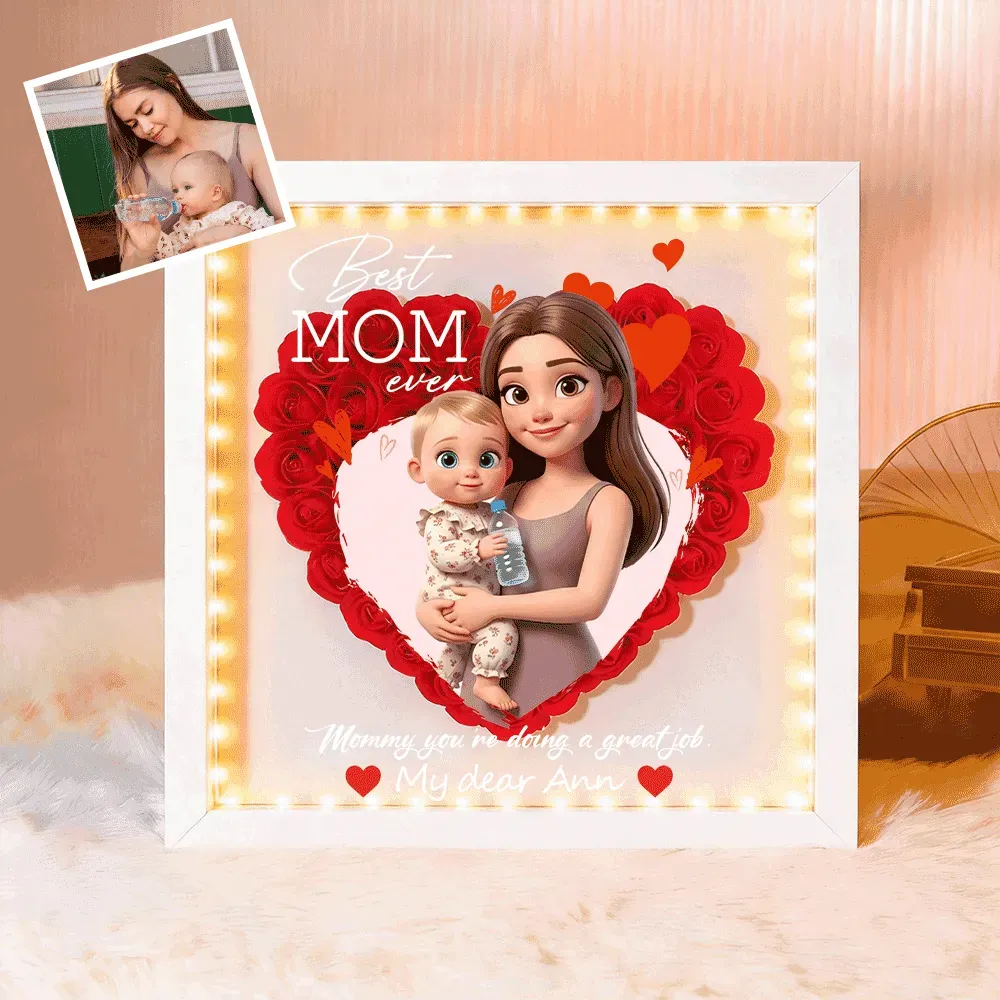 Personalized Flower Shadow Box with Light, Custom Photo & Name Gift For Mom, Gift For Mother's Day