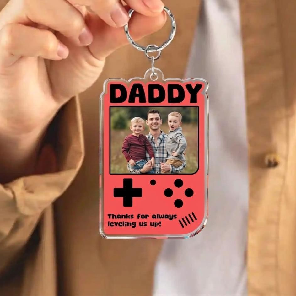 Custom Retro Game Console Photo Keychain for Dad – Personalized Acrylic Keychain from Photo, Father’s Day Gift for Daddy, Cute Gamer Style Keepsake - MyPhotoBoxerUk