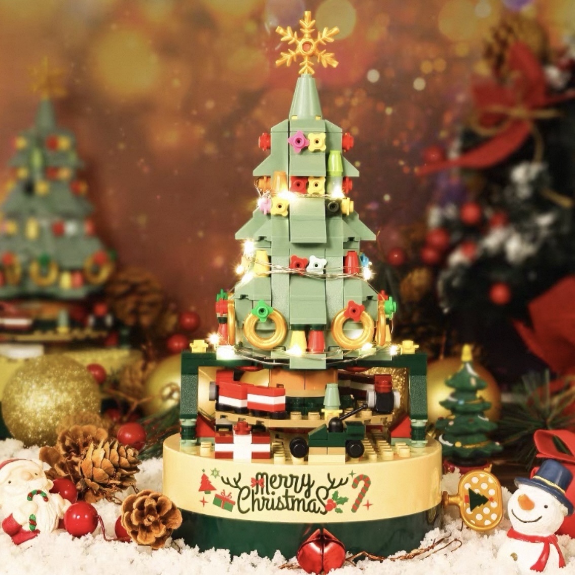 DIY Christmas Tree Building-Block Rotating Music Box | Light-Up Building Block Design | Festive Holiday Gift for Children, Family, Couple