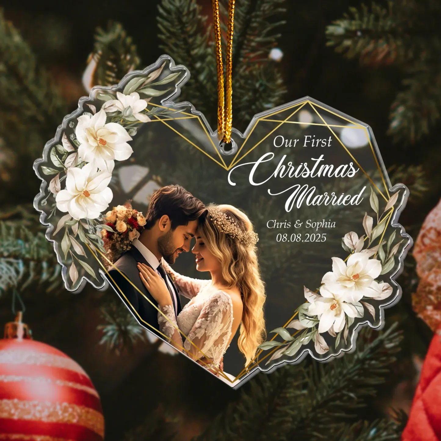 Personalized Acrylic Photo Ornament, Our First Christmas Married As Mr & Mrs, 1st Xmas Together, Best Christmas Gift for Lover, Husband, Wife, Family