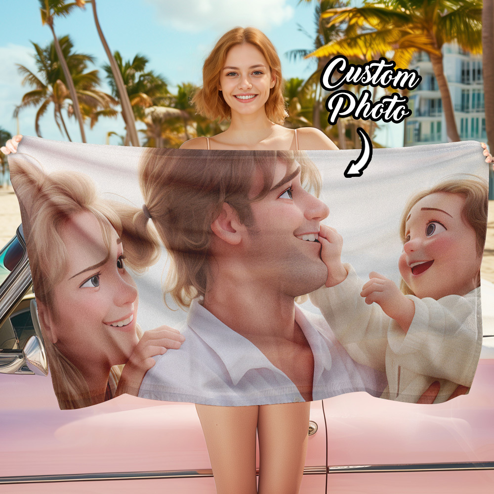 Custom Couple Photo 3D Cartoon Portrait Gift Photo Beach Towel - MyPhotoBoxerUk