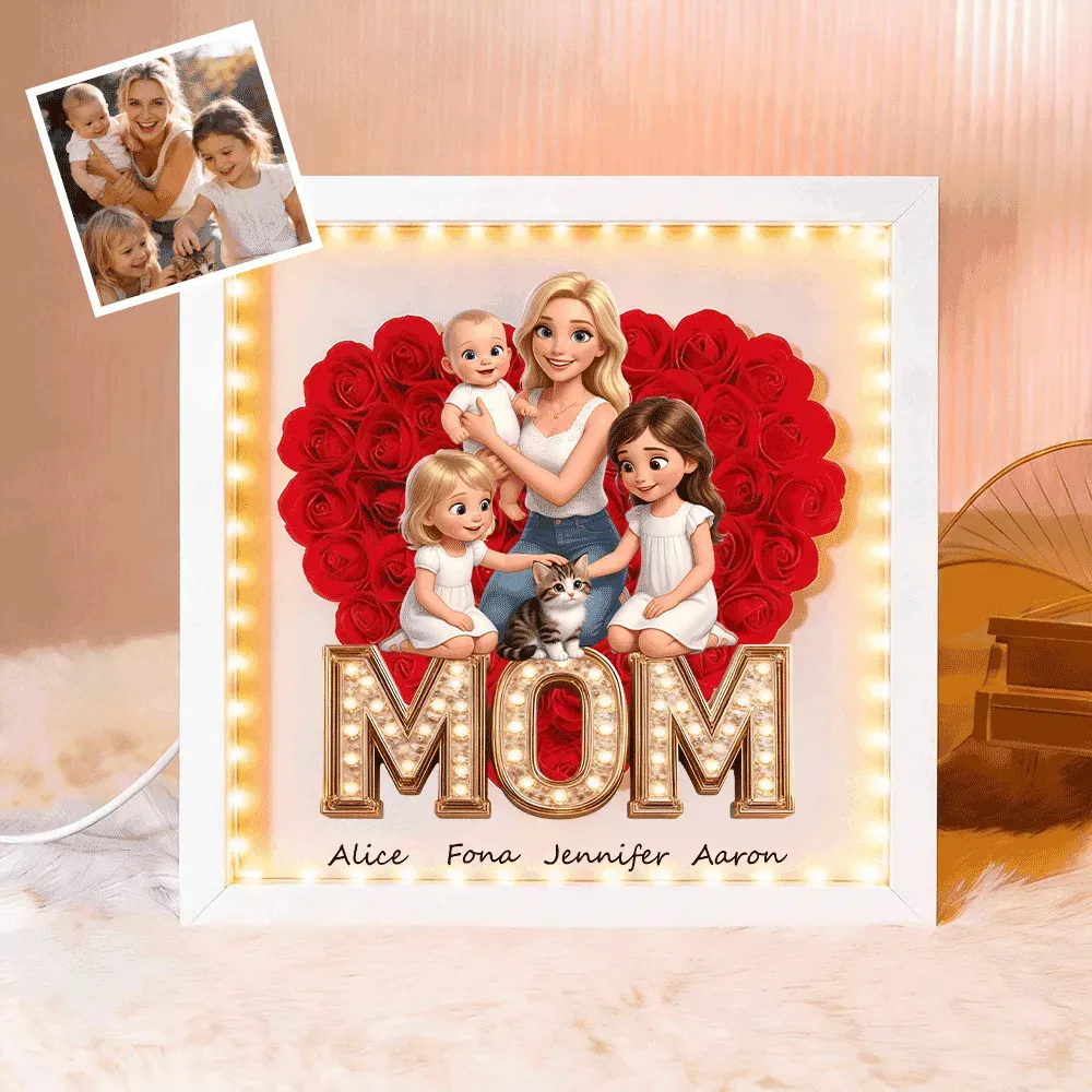 Personalized Flower Shadow Box with Light, Custom Photo & Name Gift For Mom, Gift For Mother's Day