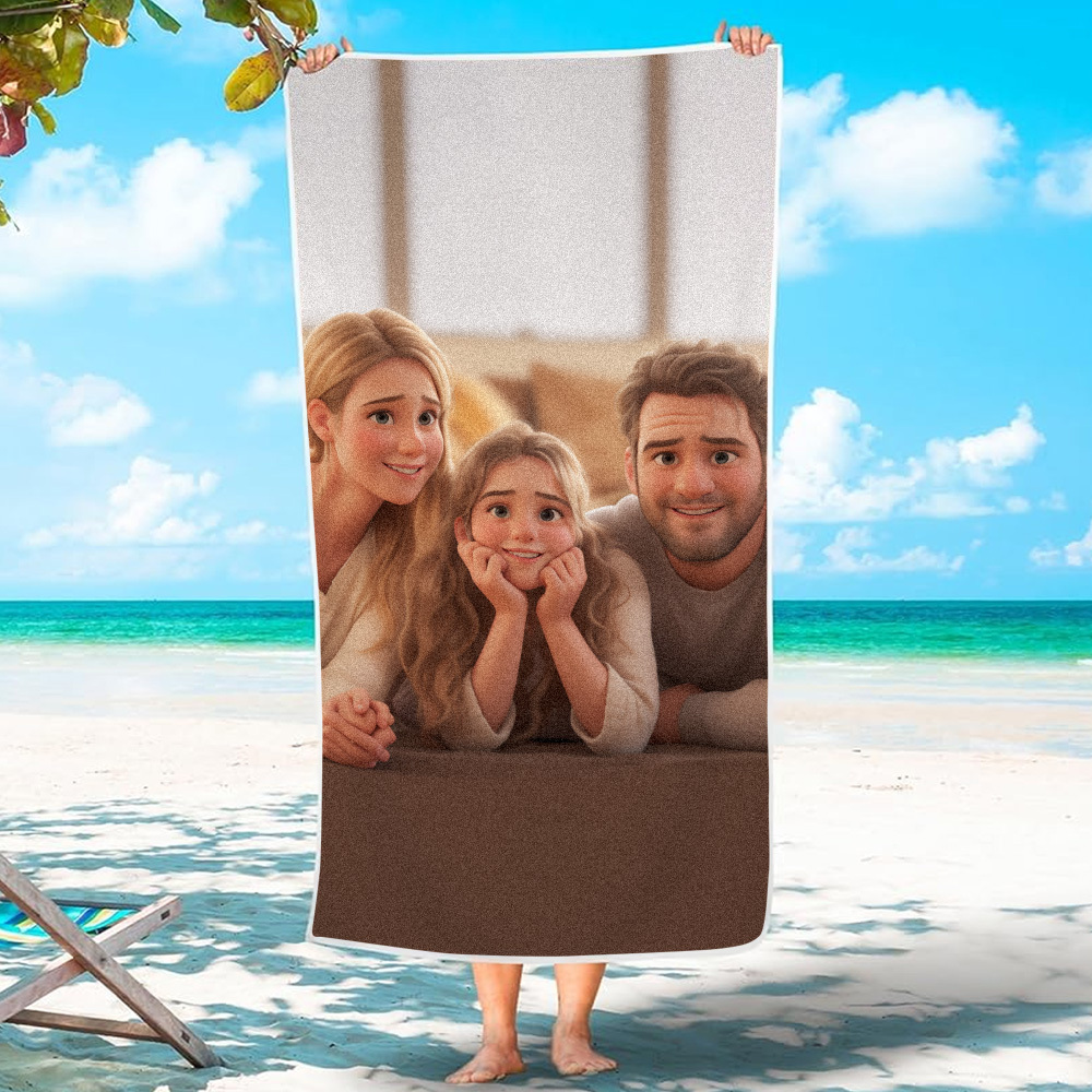 Custom Couple Photo 3D Cartoon Portrait Gift Photo Beach Towel - MyPhotoBoxerUk
