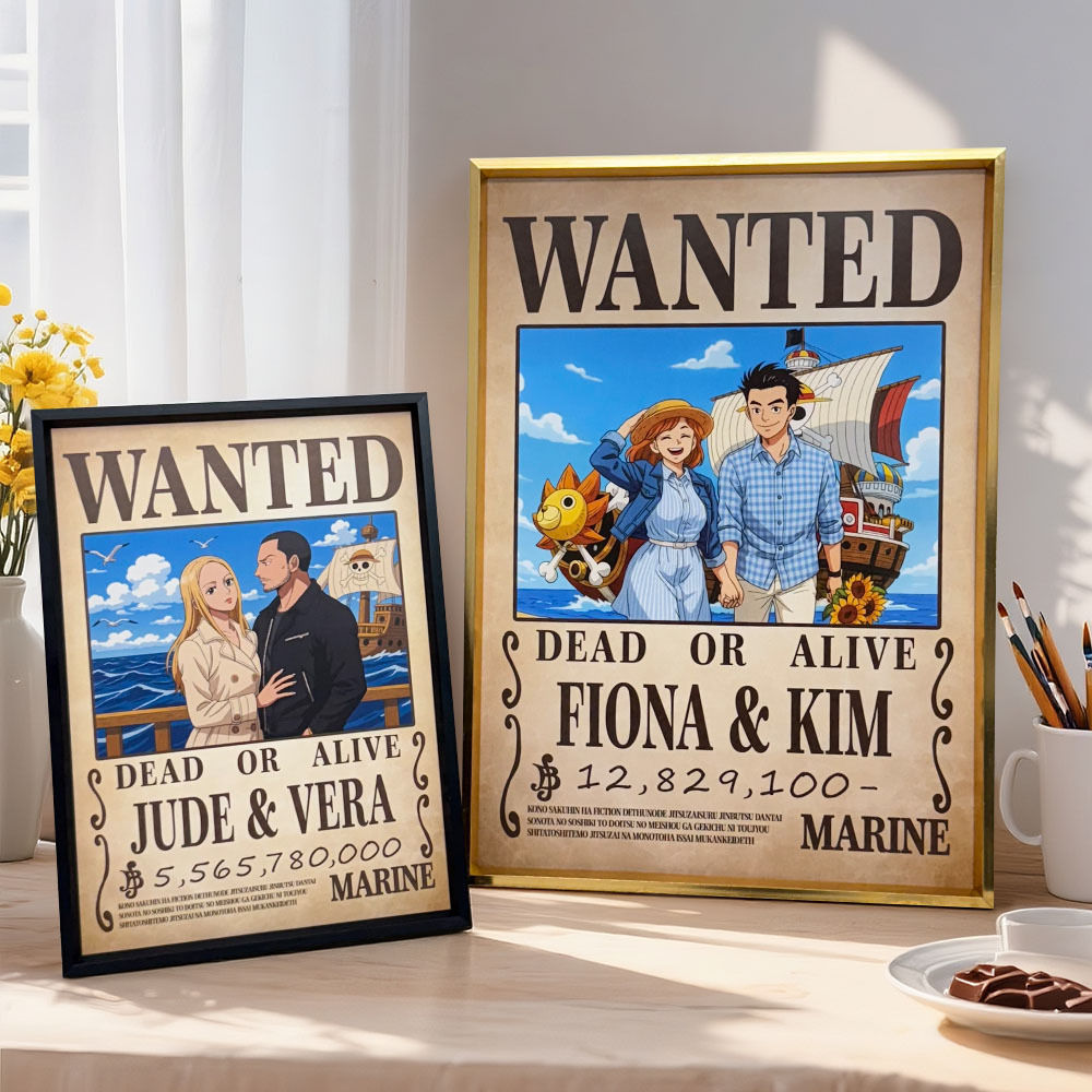 Custom Anime Bounty Couple Portrait Personalized Anime Style Wanted Poster Portrait Unique Captains' Couple Portrait - MyPhotoBoxerUk