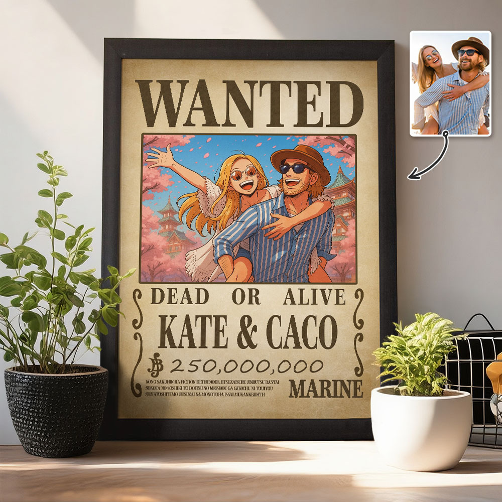 Custom Anime Bounty Couple Portrait Personalized Anime Style Wanted Poster Portrait Unique Captains' Couple Portrait - MyPhotoBoxerUk