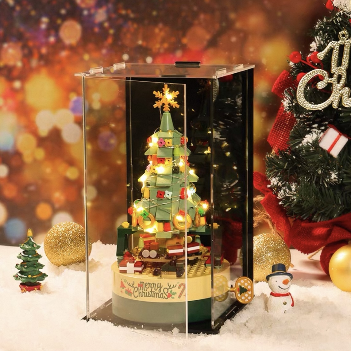 DIY Christmas Tree Building-Block Rotating Music Box | Light-Up Building Block Design | Festive Holiday Gift for Children, Family, Couple