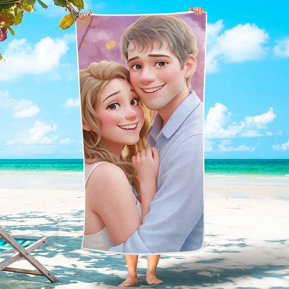 Custom Couple Photo 3D Cartoon Portrait Gift Photo Beach Towel - MyPhotoBoxerUk
