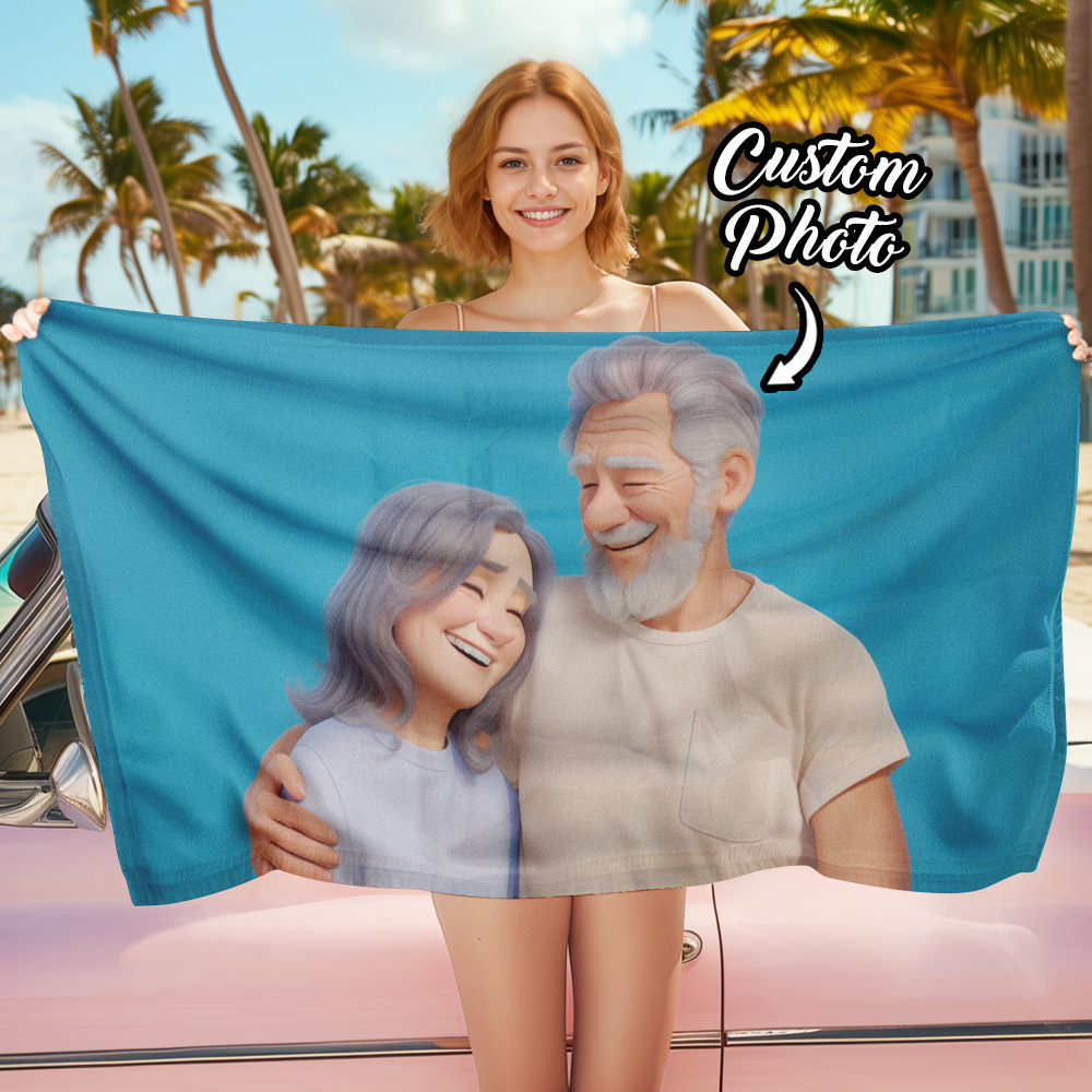 Custom Couple Photo 3D Cartoon Portrait Gift Photo Beach Towel - MyPhotoBoxerUk