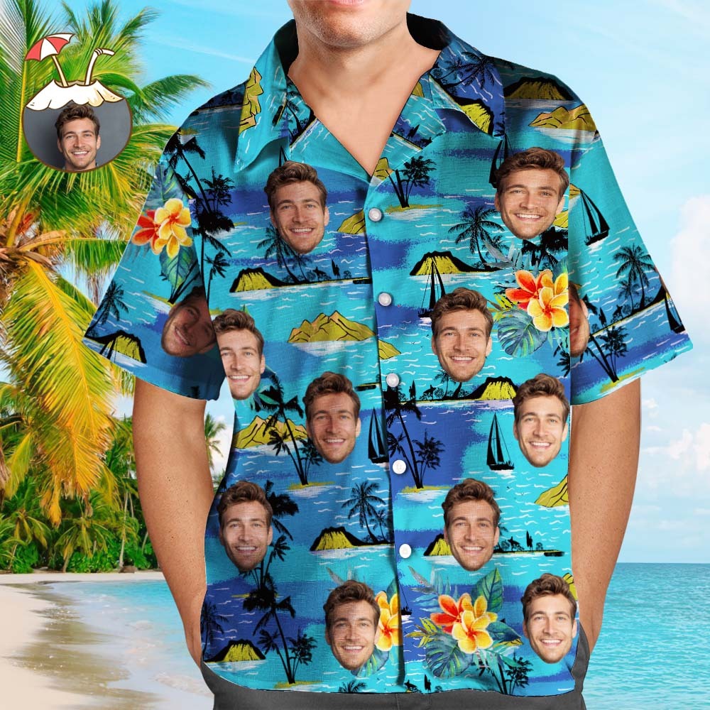 Chemise hawaïenne à visage personnalisé Chemise à manches courtes à grandes feuilles pour hommes